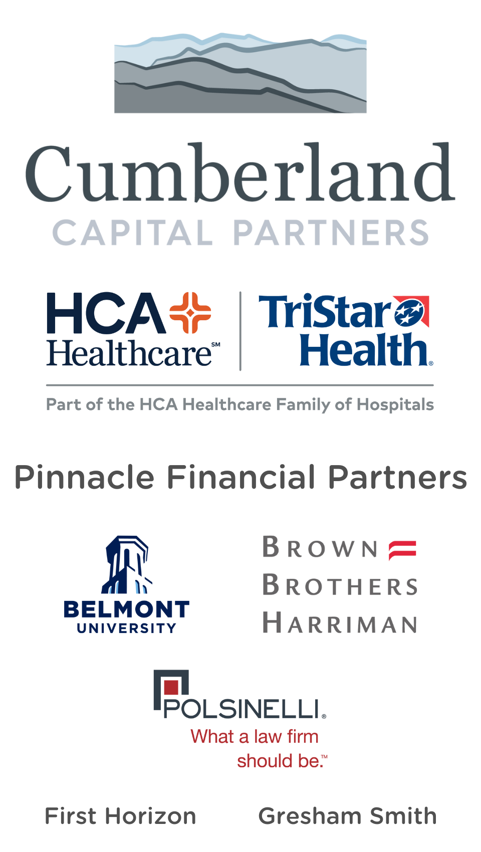 A list of Amplify Nashville sponsors: Cumberland Capital Partners, HCA Healthcare/TrisStar Health, Belmont University, Brown Brothers Harriman, and Polsinelli Law Firm