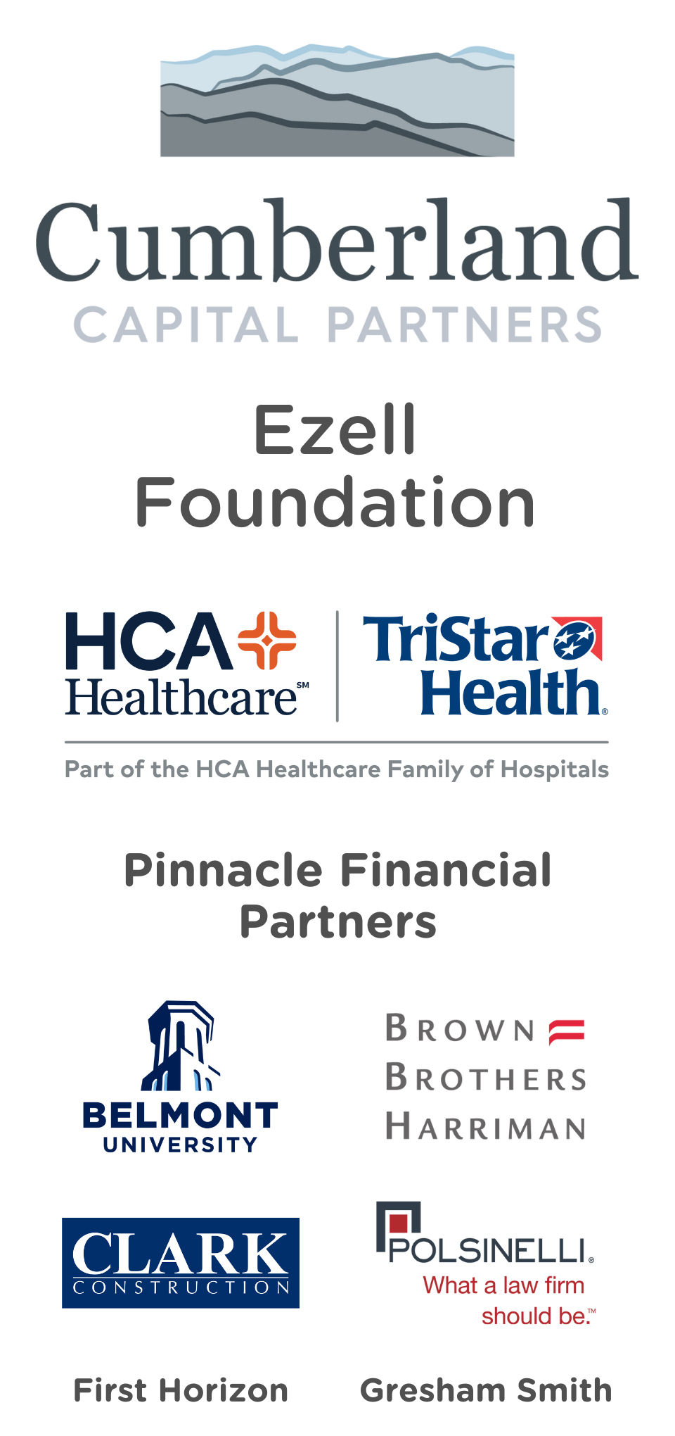 A list of Amplify Nashville sponsors: Cumberland Capital Partners, HCA Healthcare/TrisStar Health, Belmont University, Brown Brothers Harriman, and Polsinelli Law Firm